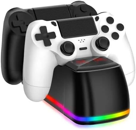 Dual P4 controller charging dock with two controllers seated and LEDs lit
