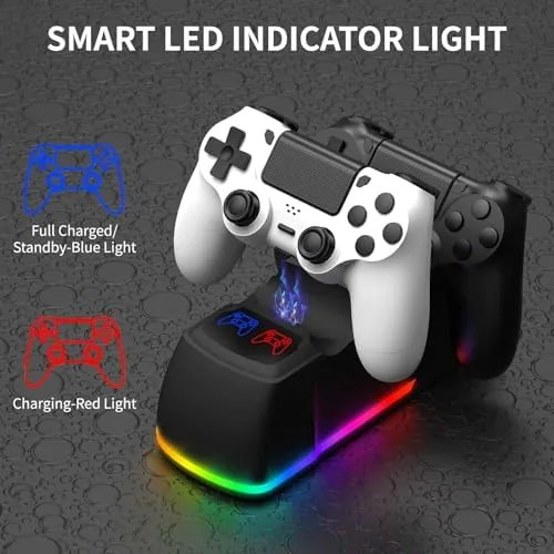 Two P4 controllers charging on the dock with one LED red and one blue