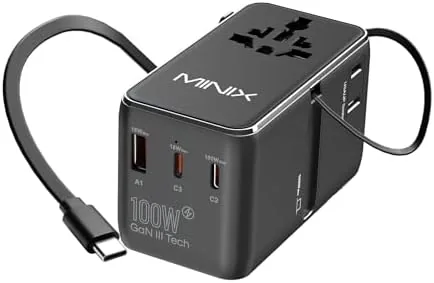 Overview of the MINIX 100W Universal Travel Adapter with Retractable USB C Cable,GaN