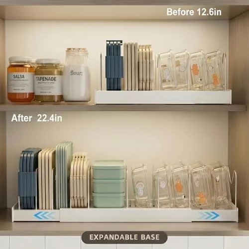 Nine adjustable dividers creating individual slots of different widths for assorted lids