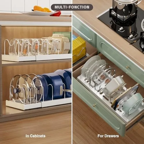 The loaded organizer holding glass and stainless steel lids in vertical slots