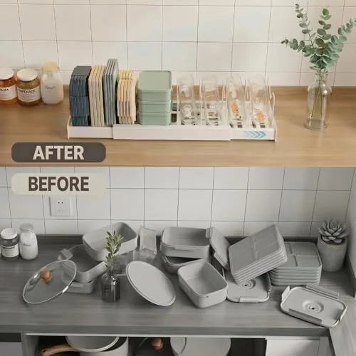 A tidy cabinet with every lid in its own slot on the Magheo organizer