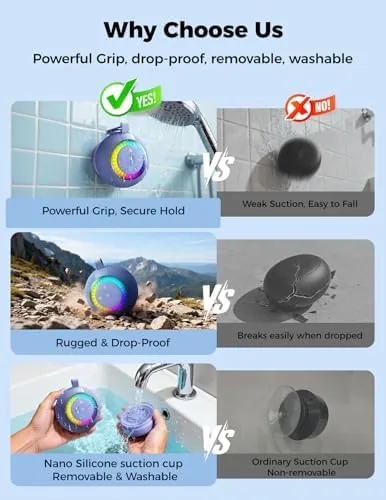 The Bluetooth Shower Speaker IPX7 Waterproof: Removable Suction Cup, Blue | compared in context