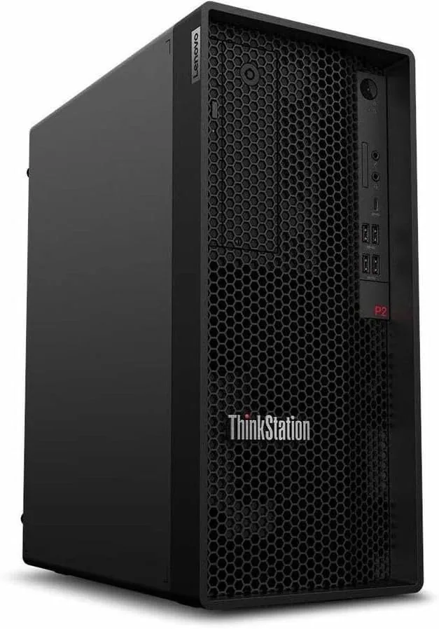 The Lenovo ThinkStation P2 Gen 2 tower on a desk beside a monitor