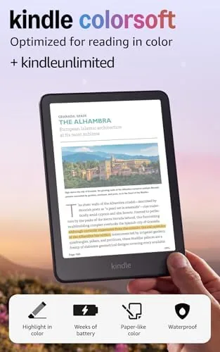 Amazon Kindle Colorsoft showing a color book cover on its 7 inch display