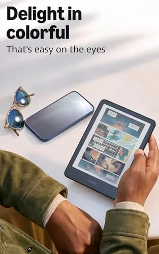 Kindle Colorsoft display showing a colorful magazine spread in E Ink color