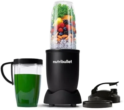 The nutribullet Pro in matte black with both cups and the flip top travel lid