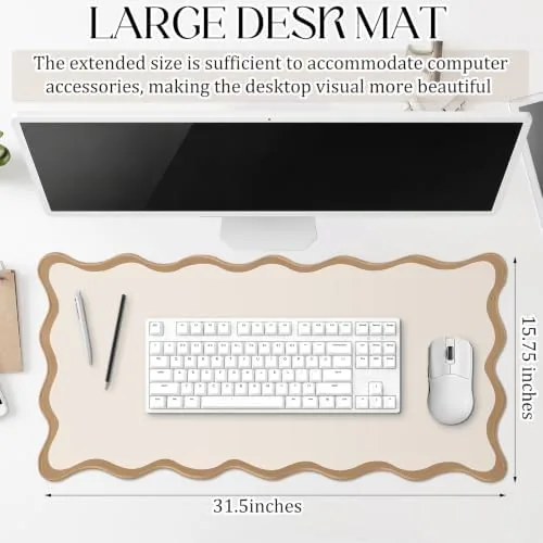 Close look at the Hahafelt Scalloped Desk Mat Waterproof,Beige,31.5 X 15.8 Inches | Coquette build quality