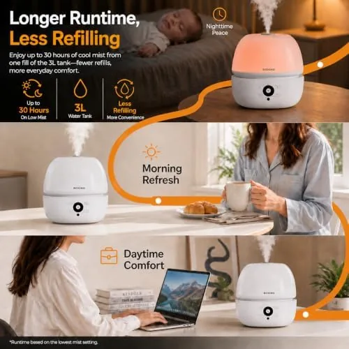 The BOXING 3L Top Fill Humidifier for Bedroom, 20dB Whisper-Quiet Ultrasonic in real use