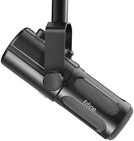 FIFINE AmpliTank TANK6 dynamic microphone on a desk with a boom arm