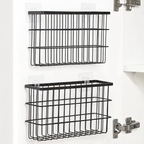 The Sinnsally cabinet door organizers mounted on the inside of a kitchen cabinet door