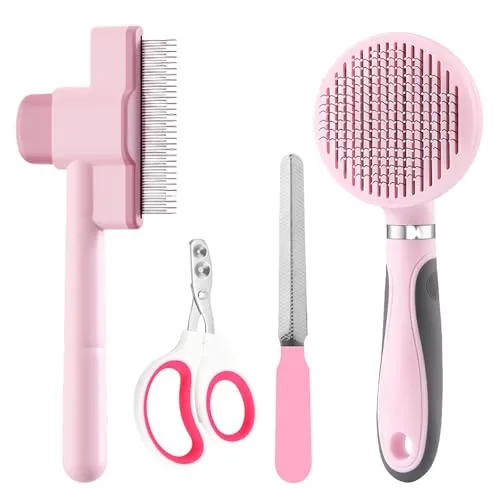 The four pink tools of the 4 in 1 cat grooming kit laid out on a table