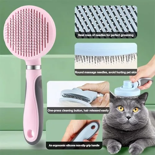 Deshedding brush pulling loose fur from a cat during a grooming session