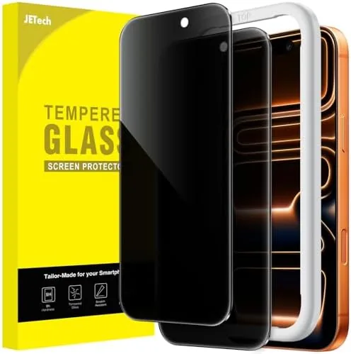 The JETech privacy screen protector pack next to an iPhone 17 Pro Max
