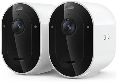 Two white Arlo Pro cameras in their box showing the 2-cam kit contents