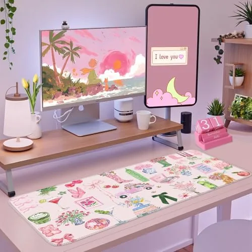 Another view of the Pink Pastel Floral Desk Mat Cute Kawaii Retro Vintage XXL