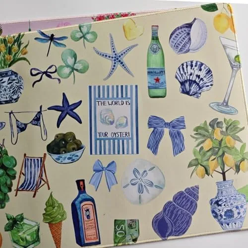 Another view of the Cute Pastel Coastal Desk Mat with Vibrant Sea Life Beige