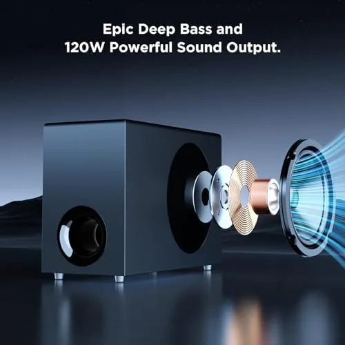 Detail shot of the MZEIBO Sound Bar with Subwoofer,120W Soundbar for Smart TV Surround features
