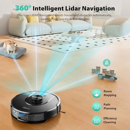 The Tikom Robot Vacuum and Mop, Robotic Vacuum Cleaner with Self-Emptying in real use