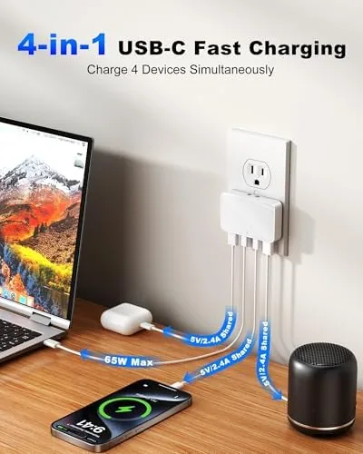 Detail shot of the 65W USB Wall Charger Block, 4-Port Thin GaN Flat USB features