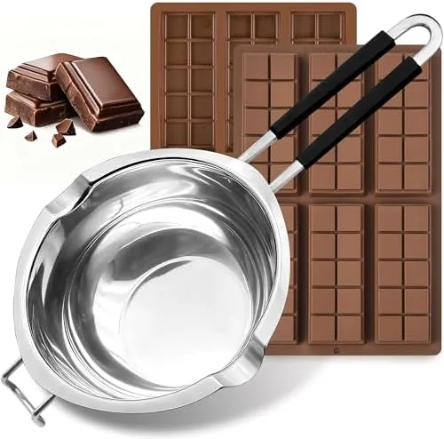 The 1200ML double boiler with melted chocolate in the upper pot and a bar mold beside it