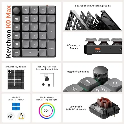 Detail shot of the Keychron K0 Max Wireless Low-Profile Number Pad, QMK/VIA Programmable, Hot-Swappable features