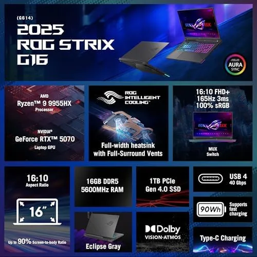 Close look at the ASUS ROG Strix G16 (2025) Gaming Laptop, 16" 16:10 FHD+ build quality
