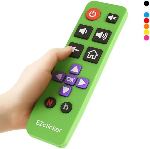 The green EZclicker remote resting beside a Roku streaming device on a coffee table