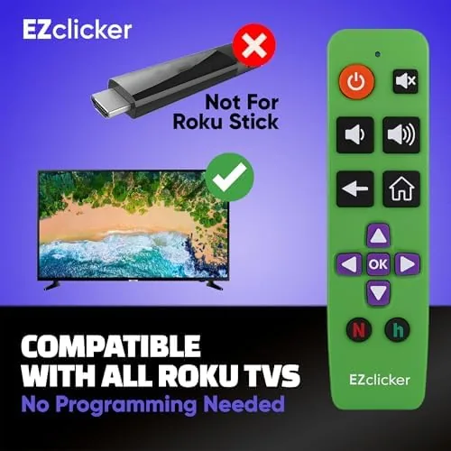An older man holding the EZclicker remote and navigating the Roku home screen