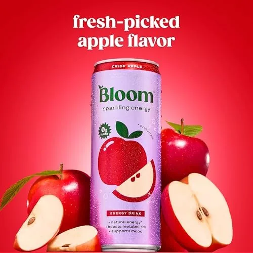 A full 12 pack box of Bloom sparkling energy drink with one can removed