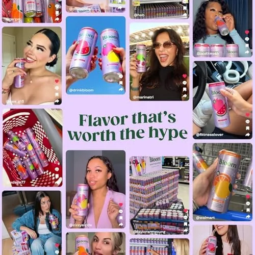 Bloom energy drink can compared next to a classic energy drink and sparkling water