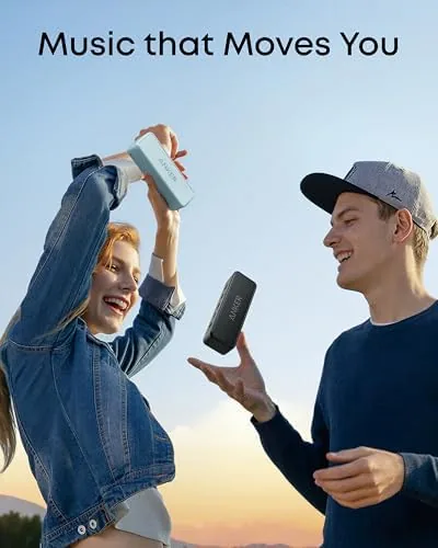 The Soundcore 2 speaker on a kitchen counter while streaming a podcast