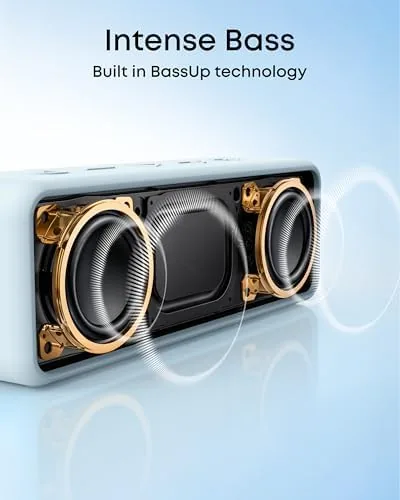The Baby Blue Soundcore 2 speaker packed in a travel bag with a water bottle