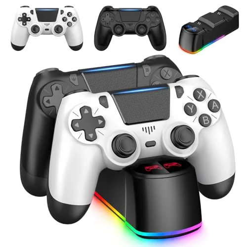 Two ewnol PS4 controllers sitting in the LED charging dock