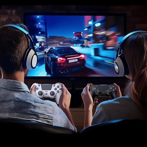 The two pack controllers next to an official DualShock pad