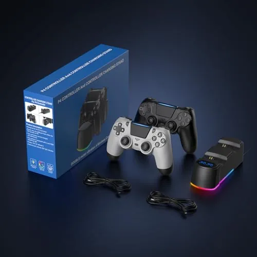 The controllers and dock arranged in the entertainment center
