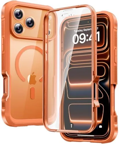 The orange Diaclara case fitted on an iPhone 17 Pro Max on a desk
