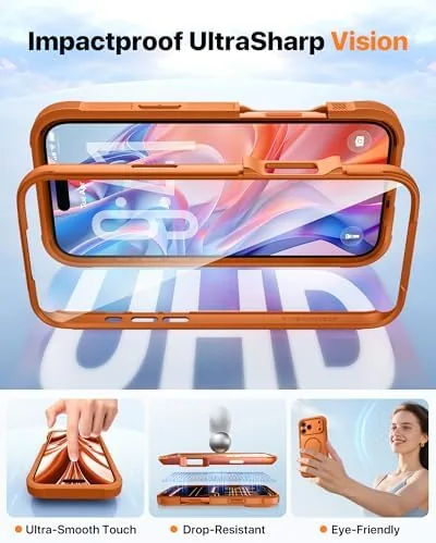 The orange Diaclara cased phone lying on a table after a fall, showing no damage