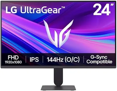 The LG 24G411A-B Ultragear monitor standing on its slim stand in a gaming setup