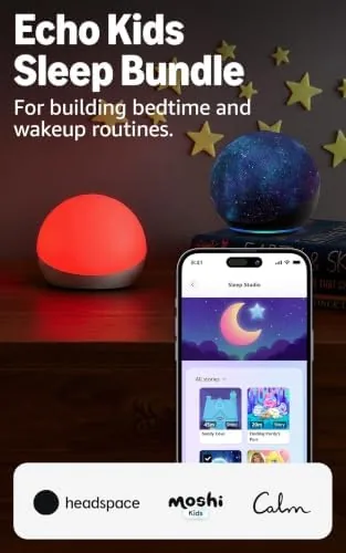 The Amazon Echo Dot Kids in Stardust finish next to the Echo Glow lamp on a nightstand