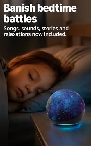 The Echo Glow lamp glowing warm and dim as a night light beside a child's bed