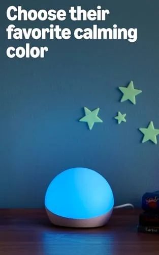 The Echo Dot Kids and Echo Glow set up together in a tidy children's bedroom