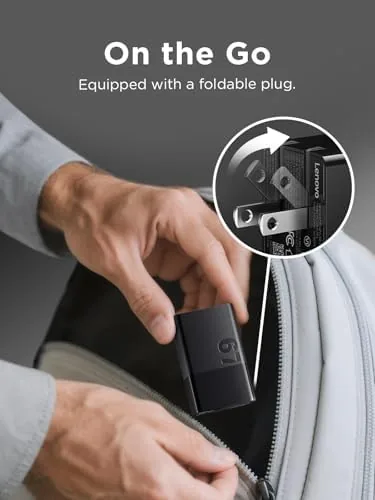 Detail shot of the Lenovo 67W USB-C Charger, 3-Port Multi-Device Fast Charging, Advanced GaN features