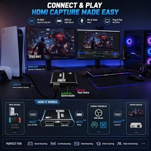 Detail shot of the Guermok USB 3.0 HDMI Capture Card, 1080P 60FPS & 2K30 features