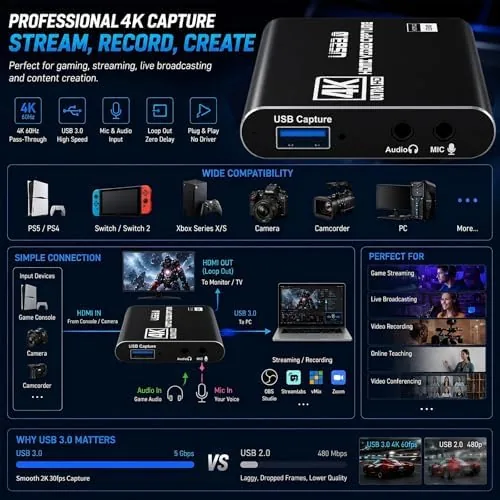The Guermok USB 3.0 HDMI Capture Card, 1080P 60FPS & 2K30 in real use