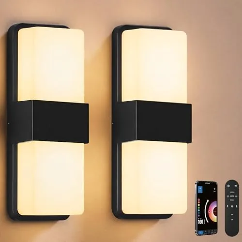 A pair of FILIYANO RGB LED wall lights mounted on a porch and glowing warm white