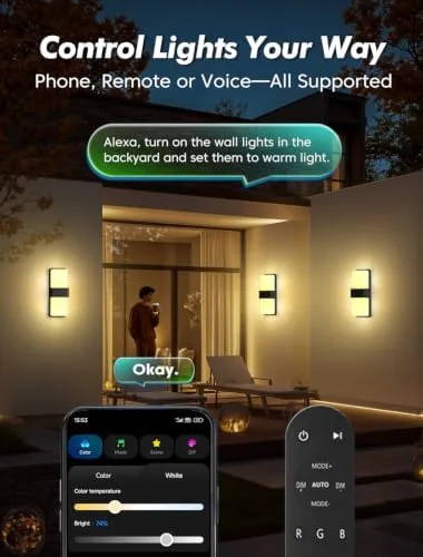 The FILIYANO sconce beside a solar light and a smart floodlight on a test wall