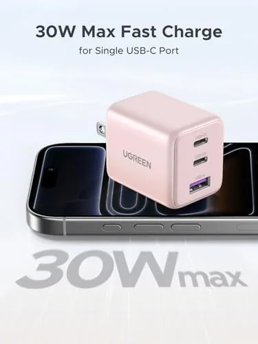 Detail shot of the UGREEN 3-Port 30W USB C Charger Block, GaN II Type features