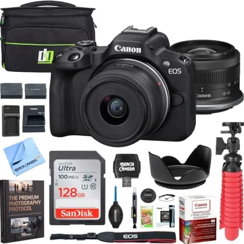 The Canon EOS R50 with the RF-S 18-45mm kit lens sitting on a table