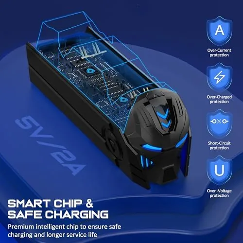 The charging station on a desk next to a PS5 console with two controllers docked